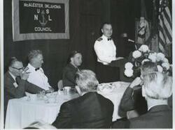 ["Carl Albert speaking at a banquet in McAlester, Oklahoma on Armed Forces Day. 1970"]