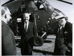 ["Carl Albert welcoming the arrival of guests. Military officers present. 1968"]