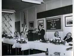 ["Carl Albert speaking at a banquet with guest from previous photos. 1968"]