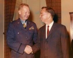 ["Carl Albert with Major Fisher, Medal of Honor Winner -- Vietnam In Albert's office."]