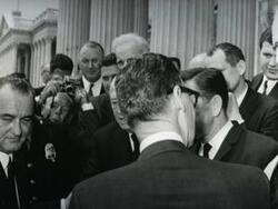 ["Lyndon B. Johnson and Carl Albert in a crowd. Visit of Alan B. Shepard to capitol (on steps of capitol). John W. McCormack and Sam Rayburn are present."]