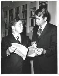 ["Black and white photograph of Carl Albert and Keith Whitely."]