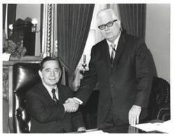 ["Black and white photograph of Carl Albert with Tom Moore of Wewoka, Oklahoma. March 1971"]