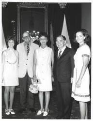 ["Black and white photograph of Carl Albert with Mr. and Mrs. Delbert Ronnsaville, 1970"]