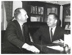 ["Black and white photograph of Carl Albert with Kenneth Converse, Oklahoma State Representative. 1966"]