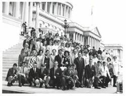 ["Black and white photograph of Carl Albert with an Oklahoma group 1968"]