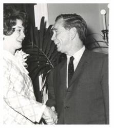 ["Black and white photograph of Carl Albert with 1970 Maid of Cotton."]