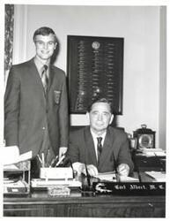 ["Black and white photograph of Carl Albert with unidentified young man."]
