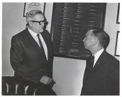 ["Black and white photograph of Carl Albert and an unidentified man."]