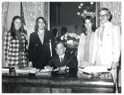 ["Black and white photograph of Carl Albert with Barbara Peterson, Jim Nichols, and Becky McDaniel. March 1972"]