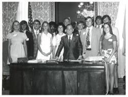 ["Black and white photograph of Carl Albert with guests of Congressman James Mann. July 1972"]