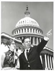 ["Black and white photograph of Carl Albert with Susan Bullard (Oklahoma Journal)."]