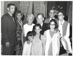 ["Black and white photograph of Carl Albert with Mr. and Mrs. Jay Smith, Major and Mrs. Smith, and Mrs. Annie Norris. June 1972"]
