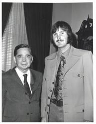 ["Black and white photograph of Carl Albert with an unidentified man."]