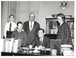 ["Black and white photograph of Carl Albert with Mr. and Mrs. Jack Fry of Hugo, Oklahoma. November 1967"]