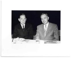 ["Black and white photograph of Carl Albert with J. E. Sutton. 1969. Photo is a hard print."]