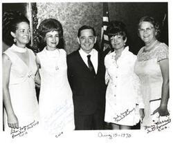 ["Black and white photograph of Carl Albert with Lela Foreman, Bertha Morgan, Judy Croft, and Mary Dees. August 15, 1970. Note: photo has handwriting on both sides."]