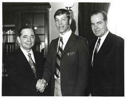 ["Black and white photograph of Carl Albert, Clayton Taylor, and Ed Edmonson. 1971"]