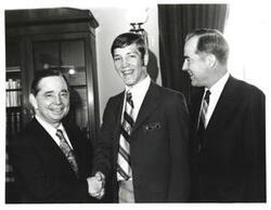 ["Black and white photograph of Carl Albert, Clayton Taylor, and Ed Edmonson. 1971"]