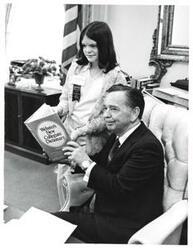 ["Black and white photograph of Carl Albert with 1975 Journal Spelling Bee winner, Kathy Baxter."]