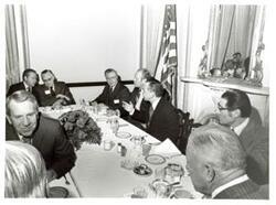 ["Black and white photograph of Richard Hiendlmaye speaking at a 4-H Club award ceremony. From left: Earl Butz, unknown, Gerald R. Ford, Carl Albert and Tom Steed. May 1974"]