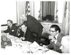 ["Black and white photograph of Thomas P. O'Neill speaking to Gerald R. Ford. May 1974. Carl Albert is also present."]