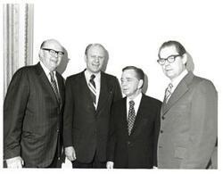 ["Black and white photograph of Earl Butz, Gerald R. Ford, Carl Albert, and Richard Hiendlmaye. May 1974"]