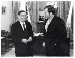 ["Black and white photograph of Carl Albert with Oklahoma State Representative Don Davis of Lawton, Oklahoma. April 1972"]