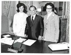 ["Black and white photograph of Carl Albert with Mrs. Tom Dunlap and Mrs. Jim Lewallen. June 1973"]