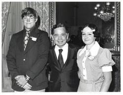 ["Black and white photograph of Carl Albert with Pamela Peevyhouse and Jerral Dukes. August 1, 1973"]