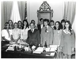 ["Black and white photograph of Carl Albert with a group of 4-H Club members from Oklahoma. July 16, 1973"]