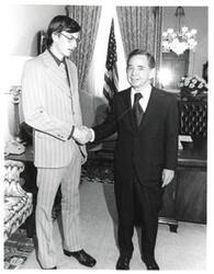 ["Black and white photograph of Carl Albert with Jim Emmons."]