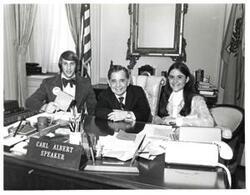 ["Black and white photograph of Carl Albert with Jim Yealt and Sheila Stuckey. March 20, 1973"]