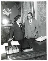 ["Black and white photograph of Carl Albert with an unidentified man."]