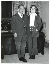 ["Black and white photograph of Carl Albert with Joyce Horton, congressional page. 1972"]