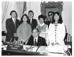 ["Black and white photograph of Carl Albert with Duke Tsoodle, Marland Aitson, and William Ross Nixon. April 17, 1973"]