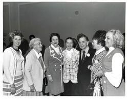 ["Black and white photograph of Carl Albert with Jimmy Wood, Ruth Henthorne, Edna Mae Phelps, Page Lambert, Mary Townsend, and Lorray Dyson."]