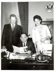 ["Black and white photograph of Carl Albert with Mr. and Mrs. Joe Bradshaw of Hugo, Oklahoma. May 13, 1966"]