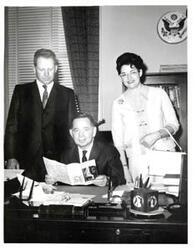 ["Black and white photograph of Carl Albert with Mr. and Mrs. Joe Bradshaw of Hugo, Oklahoma. May 10, 1966"]
