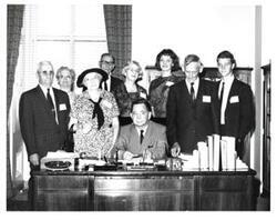 ["Black and white photograph of Carl Albert with members of the Oklahoma Farmer's Union. August 6, 1964"]