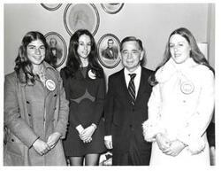 ["Black and white photograph of Carl Albert with some Presidential Classroom Young Americans."]