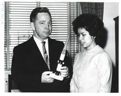["Black and white photograph of Carl Albert with Nancy Byrd. April 1963"]