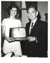 ["Black and white photograph of Carl Albert with Carole Choate, recipient of the 1967 Carl Albert Award."]