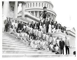 ["Black and white photograph of Carl Albert with Calvary Baptist Church choir on Capitol steps. August 14, 1970"]