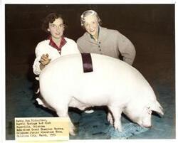 ["Black and white colorized photograph of Betty Sue Richardson of Maysville, Oklahoma. March 1951"]