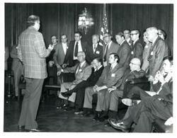 ["Black and white photograph of Carl Albert with a group of Oklahoma automobile dealers. February 24, 1972"]