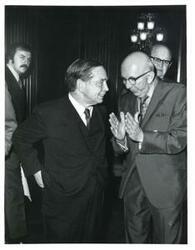["Black and white photograph of Carl Albert with a group of Oklahoma automobile dealers. February 24, 1972"]