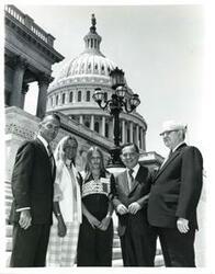 ["Black and white photograph of Carl Albert with Lisa Batey Tom Steed, and John Jarman, and an unidentified woman. June 1974"]