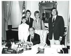 ["Black and white photograph of Carl Albert with Mr. and Mrs. Paul Byrd of Altus, Oklahoma. June 9, 1975"]