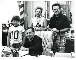 ["Black and white photograph of Carl Albert with Mr. and Mrs. Paul Carris of McAlester, Oklahoma. June 1975"]